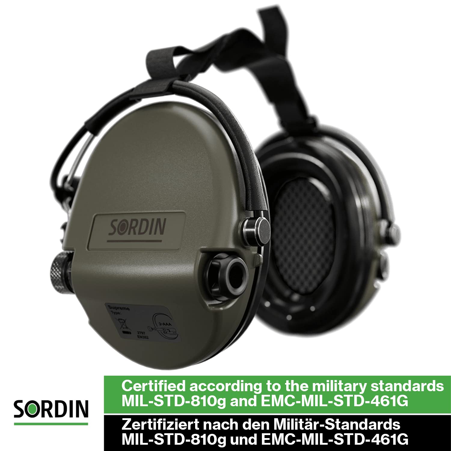 Sordin MIL AUX Ear Muffs - Active and Electronic Military Ear Defenders w/Neckband - Tactical Earmuffs