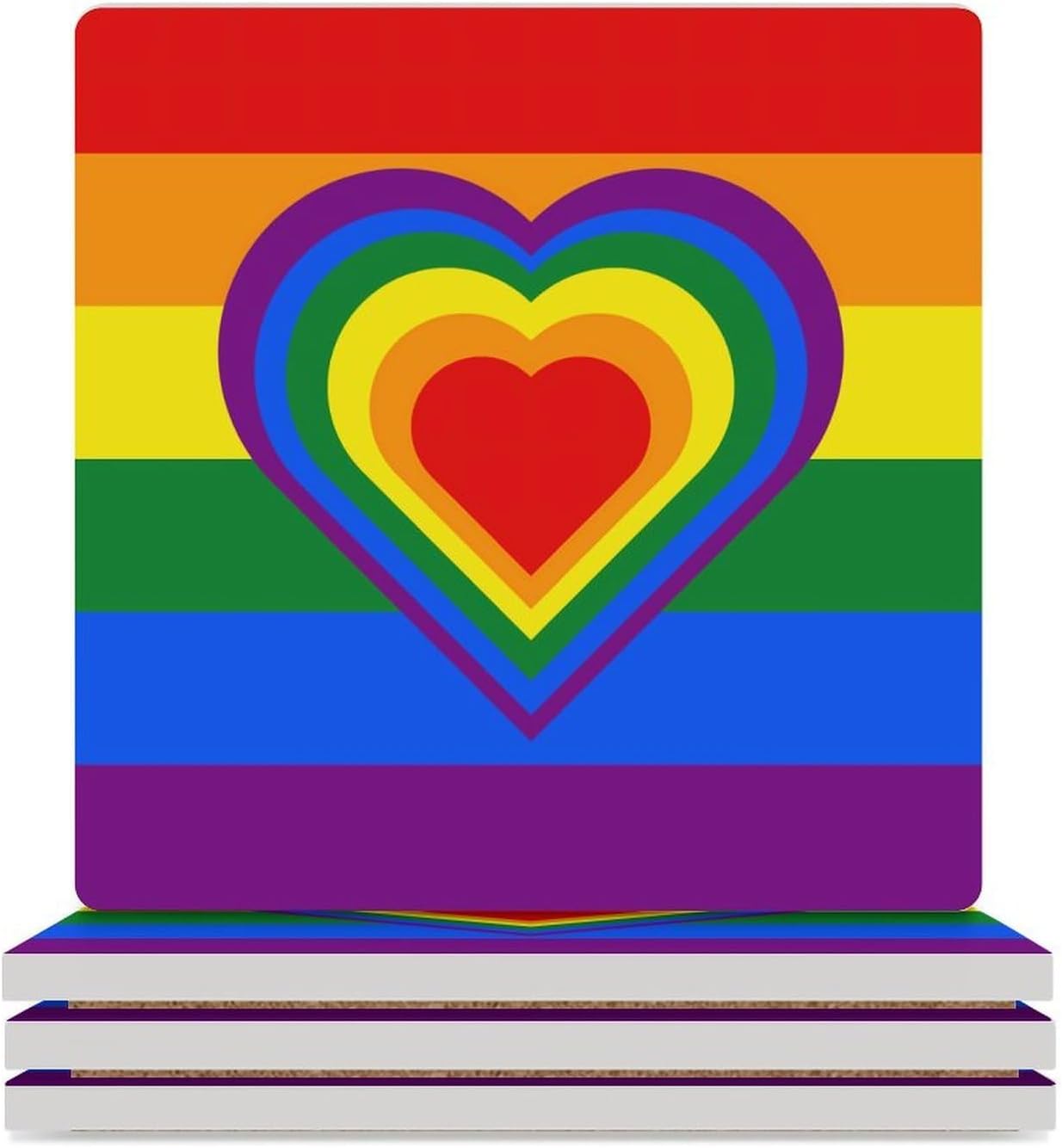 Rainbow Flag with Hearts Funny Ceramic Coasters for Drink Absorbent Cup Holders Tabletop Protection