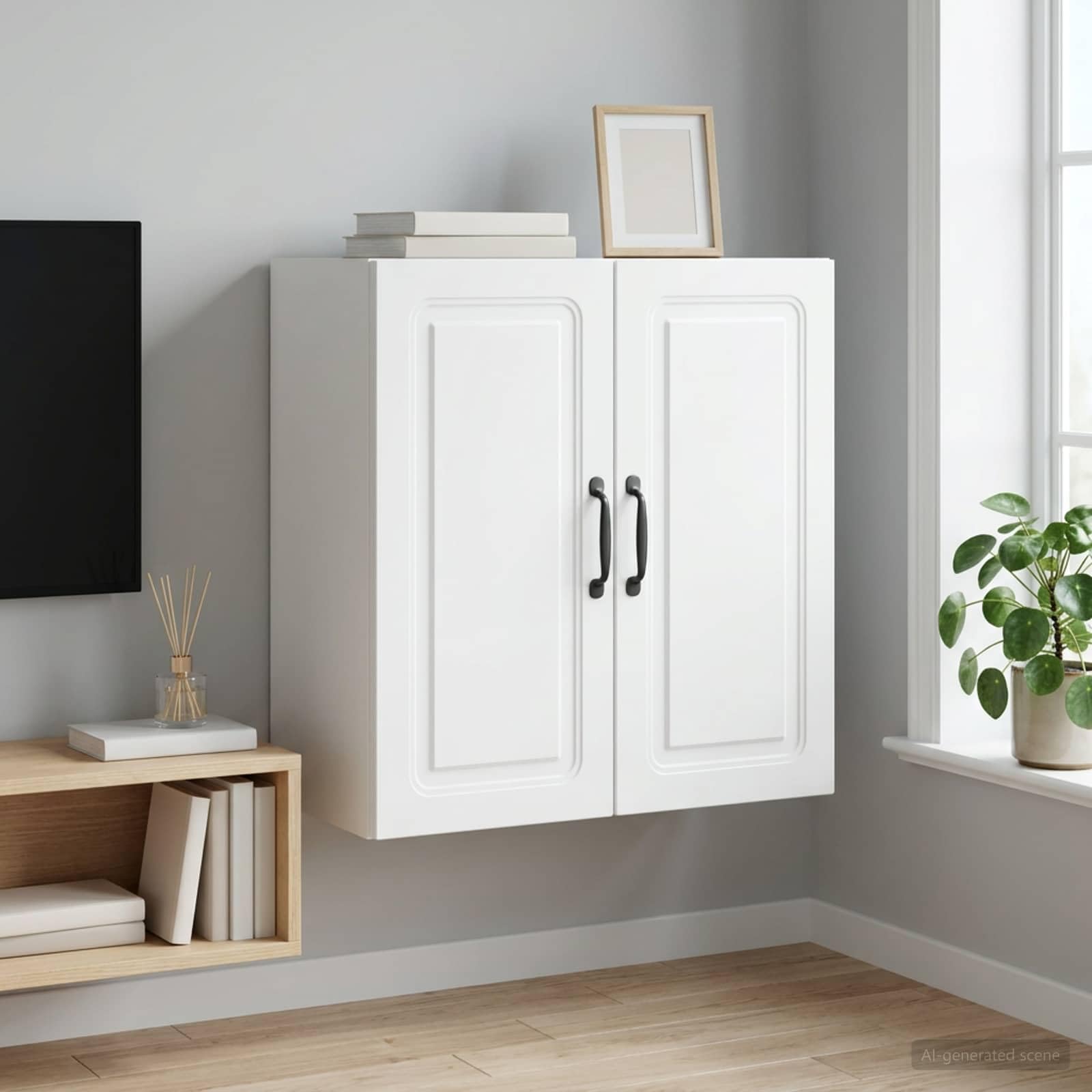 Armario de pared blanco de madera con dos puertas con cerradura y estante de 59x31x60 cm