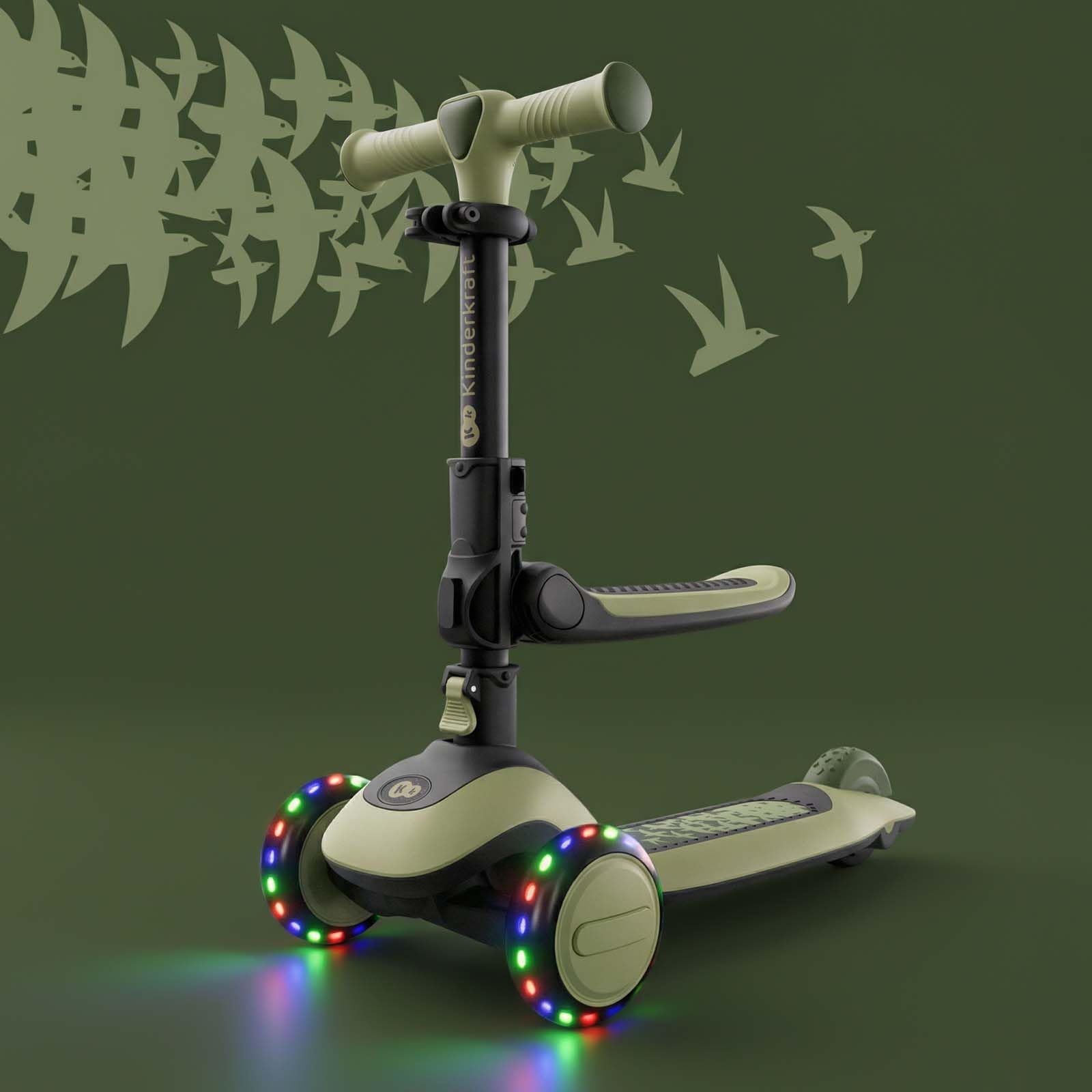 Kinderkraft Halley 2, Correpasillos Desde 12 Meses y Patinete Desde 24 Meses, 2 en 1, para Niños, Ajustable, Triciclo, Bici sin Pedales, 3 Ruedas, LED, Multifuncional, hasta 50 kg, Verde