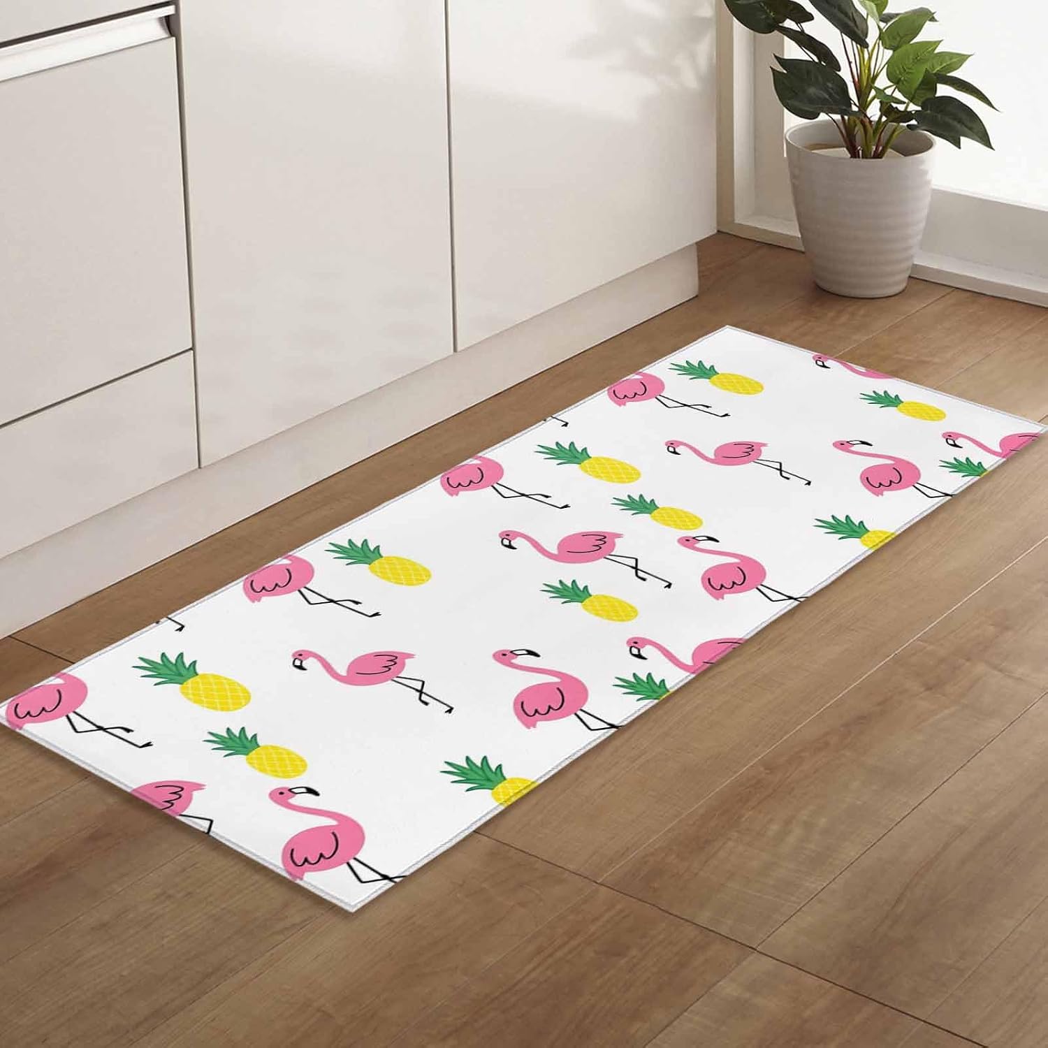 Kitchen Mats for Floor Abstract Flamingo Sketch Pineapples Washable Non Slip Kitchen Rugs 1PCS, Watercolor Animal Fruit Absorbent Standing Mats for Sink Bathroom Office Living Room 23.6x70.9in
