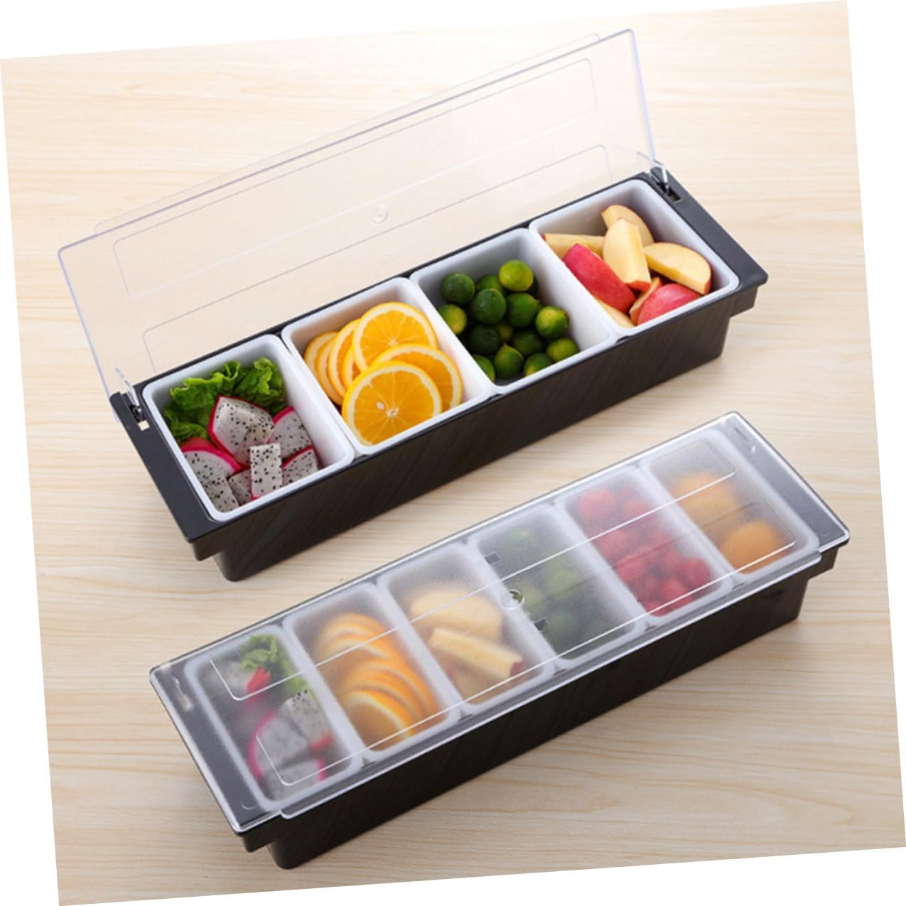 CHILDWEET Fruit Compartment Storage Box 4-grid Plastic Freshness Keeping Container with Lid for Kitchen and Fridge Organization