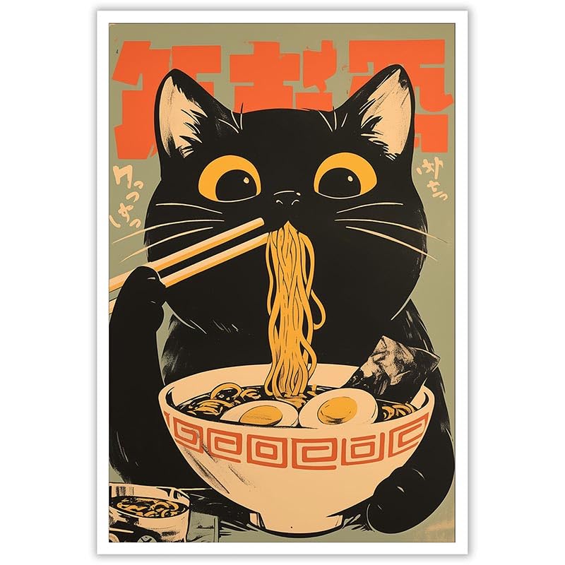 noskisy Vintage Black Cat Eat Tasty Noodle Posters Japanese Cute Cats Canvas Wall Art Period Ramen Cat Lovers Prints Painting For Kitchen Home Bedroom