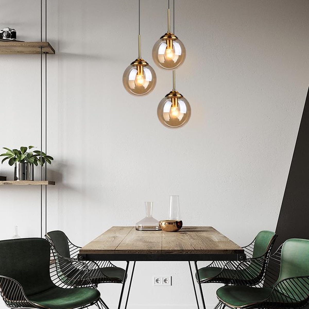 Luminaire Suspension Vintage Industriel Lustre en Verre Boule E27 Lampe de Plafond Moderne Suspendue pour Salon Chambre Salle à Manger Café(Ambre)