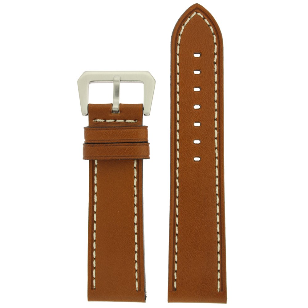 Watch Band Leather Lite Brown White Stitching Heavy Buckle Mens 22 millimeter