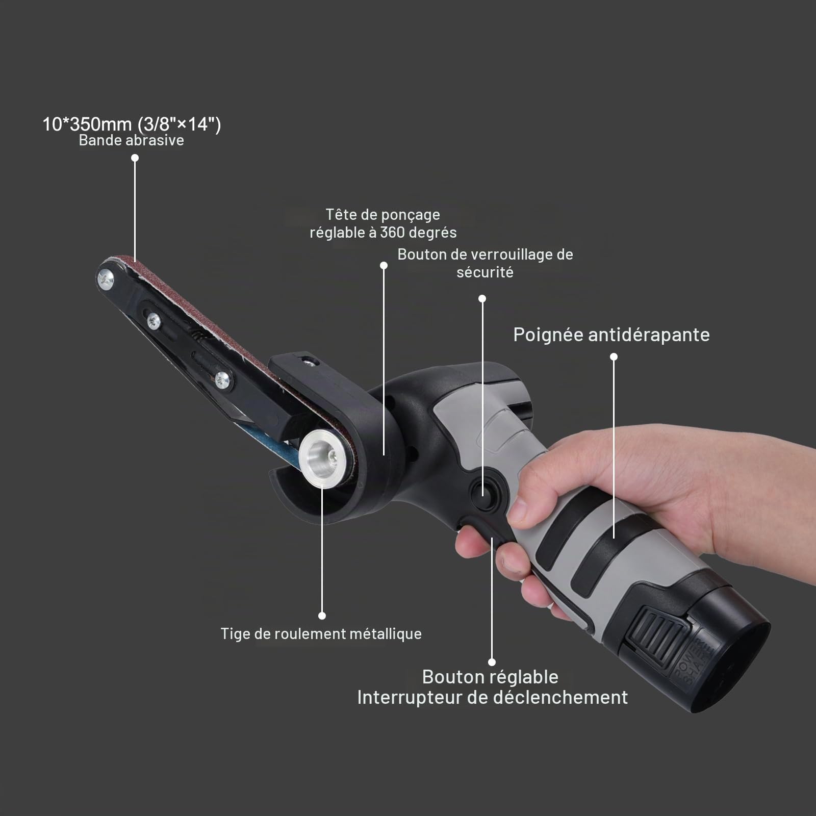 Geevorks Ponceuse à bande électrique Mini-ponceuse à bande de 6500 tr/min et 10 bandes abrasives pour bois, métal et plastique