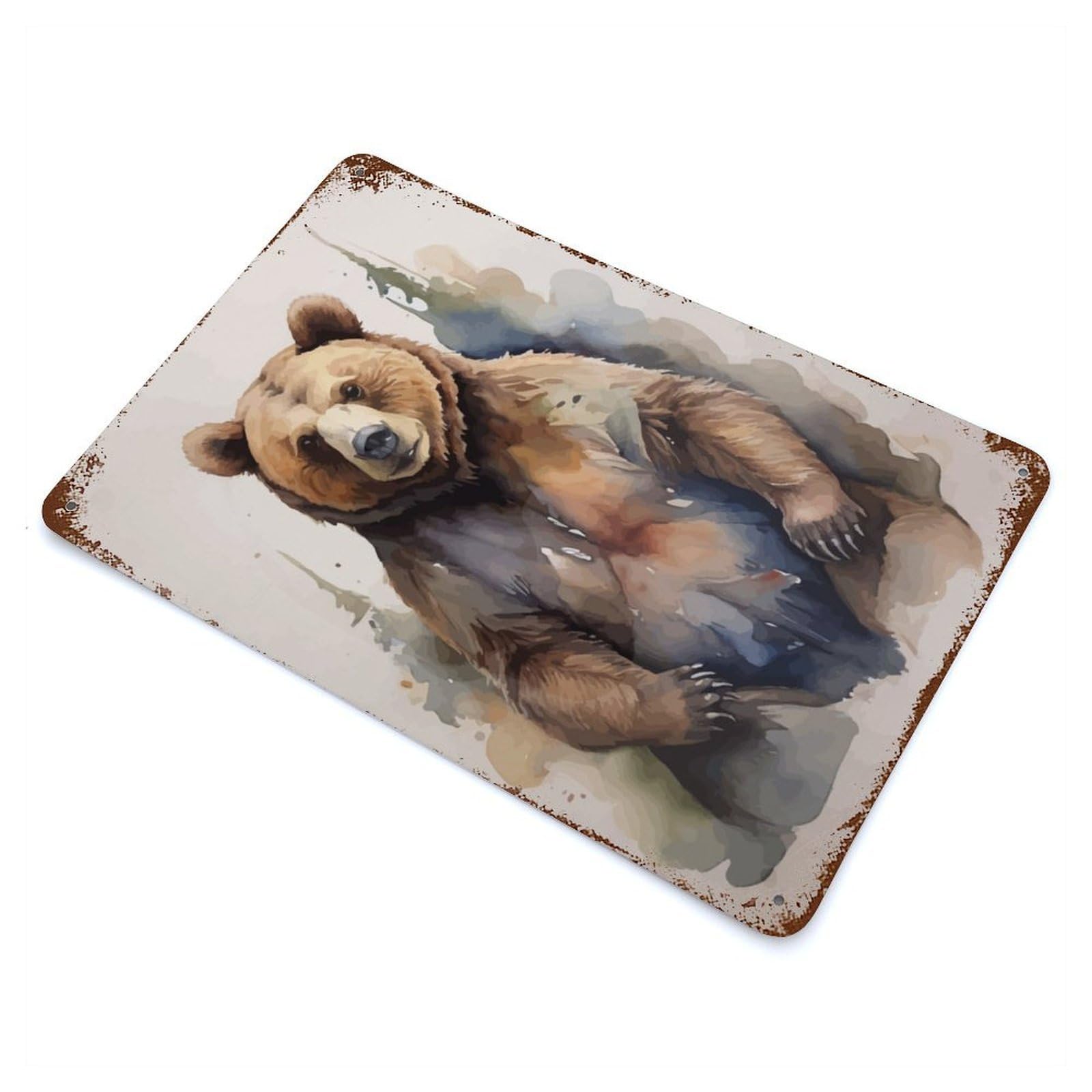 Brown Bear Watercolor Aged Metal Wall Plaque 11.8"x7.9", Industrial Home Decor for Pub, Kitchen And Man Cave Decor