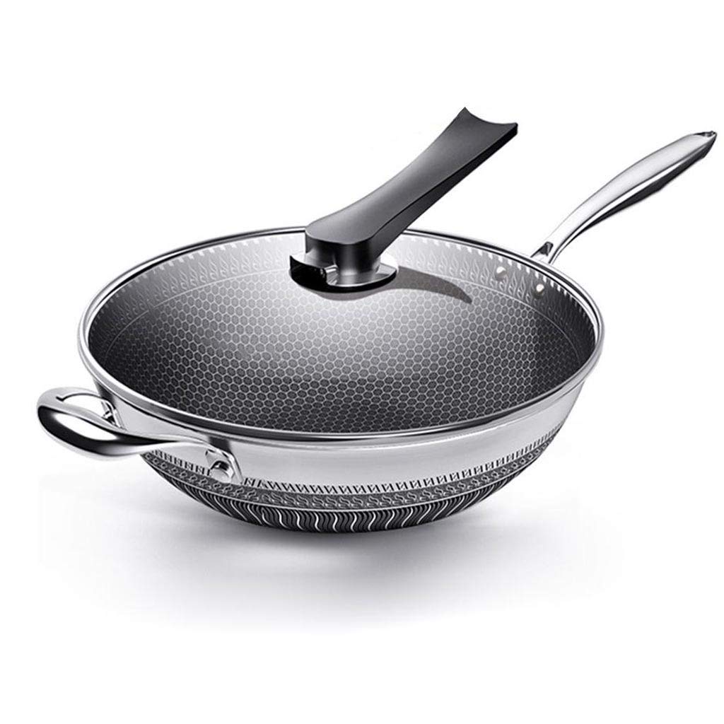 INUUXLG Pot, Frying Pan Stainless Steel Wok Honeycomb Frying Pan with Glass Lid Saute Pan Kitchen Cookware
