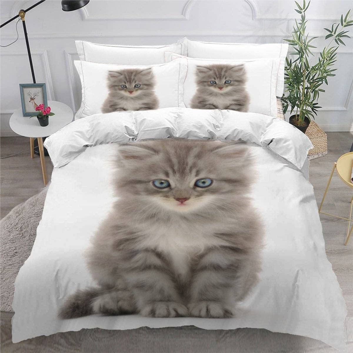 Housse de Couette Chat 240x260 pour Chambre Adulte Parure Motif Animal Mignon