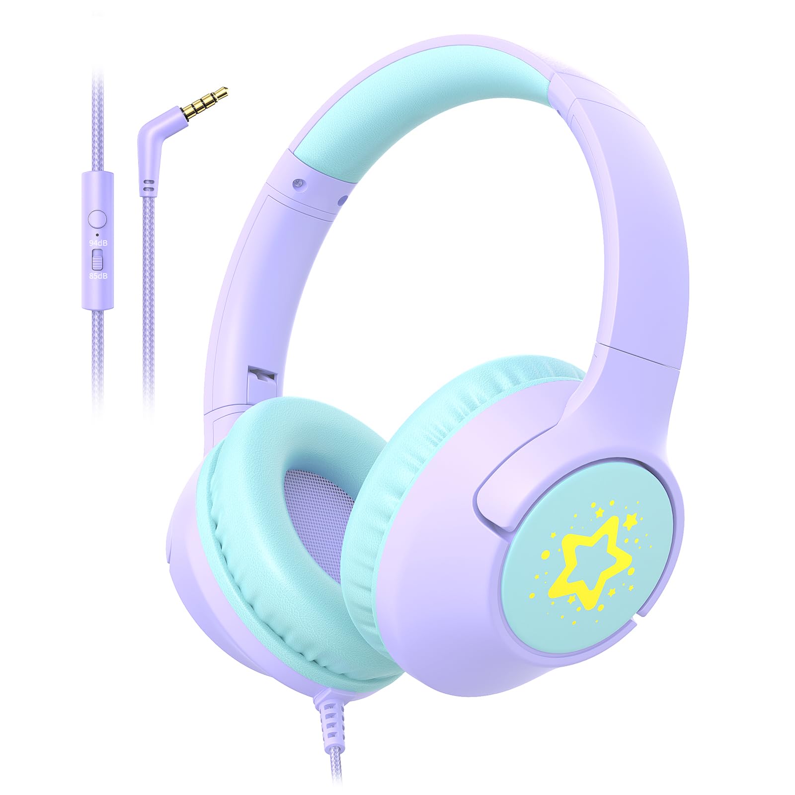 Kids Wired Headphones for School, 85/94 dB Volume Limit, Wired Over Ear Headphones for Girls Kids with Microphone, Foldable Stereo Sound 3.5mm Wire