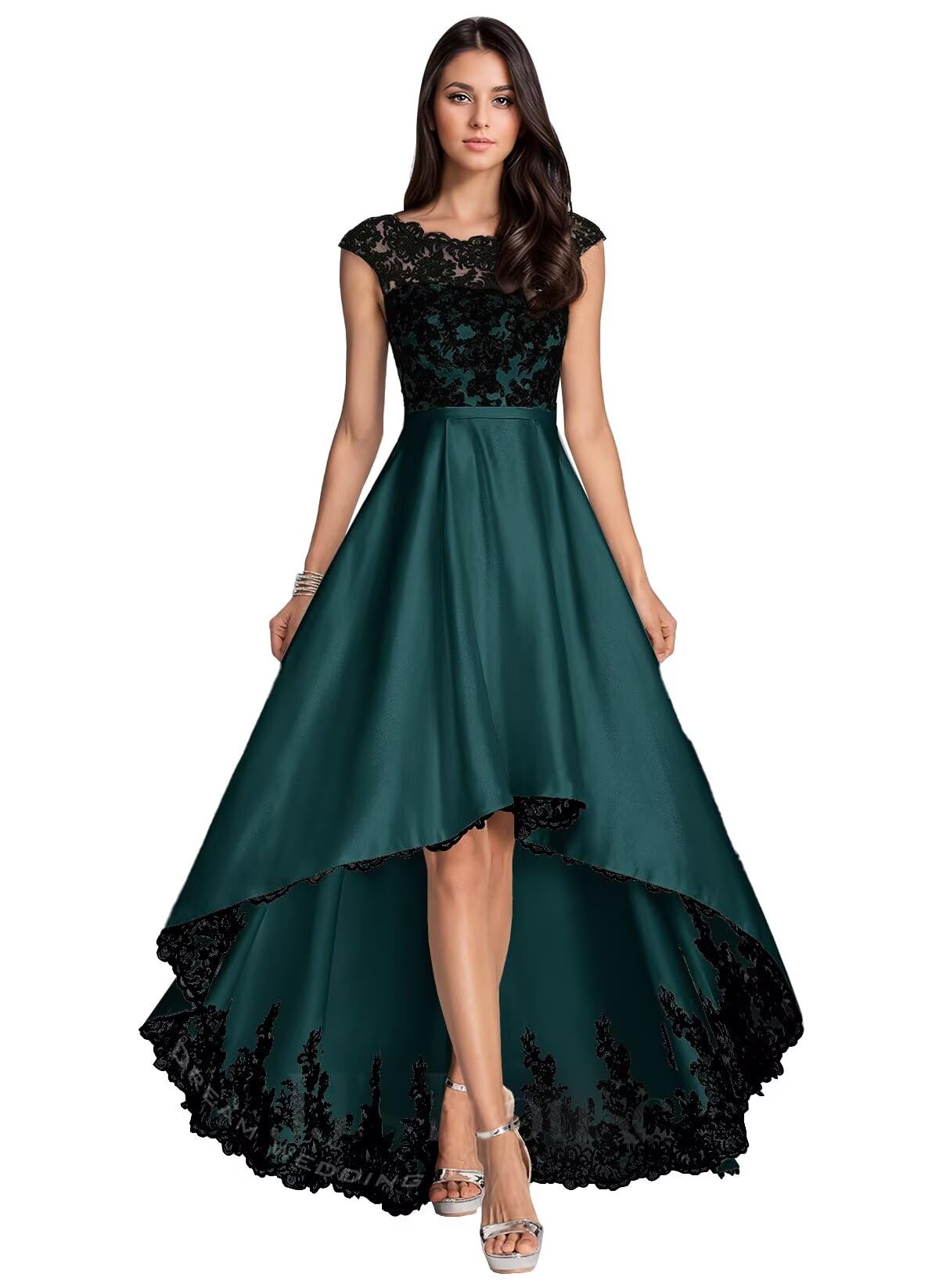 Women Lace Applique Mother of The Bride Dress with Cap Sleeves for Wedding Satin A-Line High Low Evening