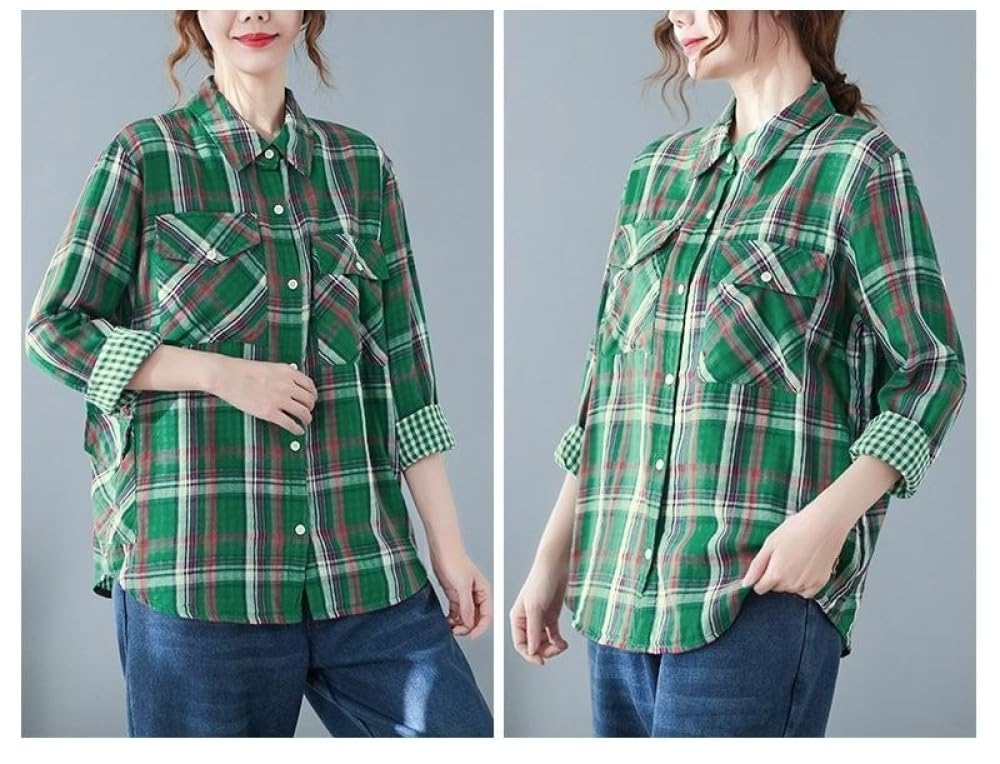 Kariertes Baumwollhemd Für Damen,Orangefarbenes Revers Button Down Hemd,Mantel Oberteile,Retro Doppelkaro Hemd,Blusen Top,Lässige Boyfriend Jacke,Shacket Mit Taschen