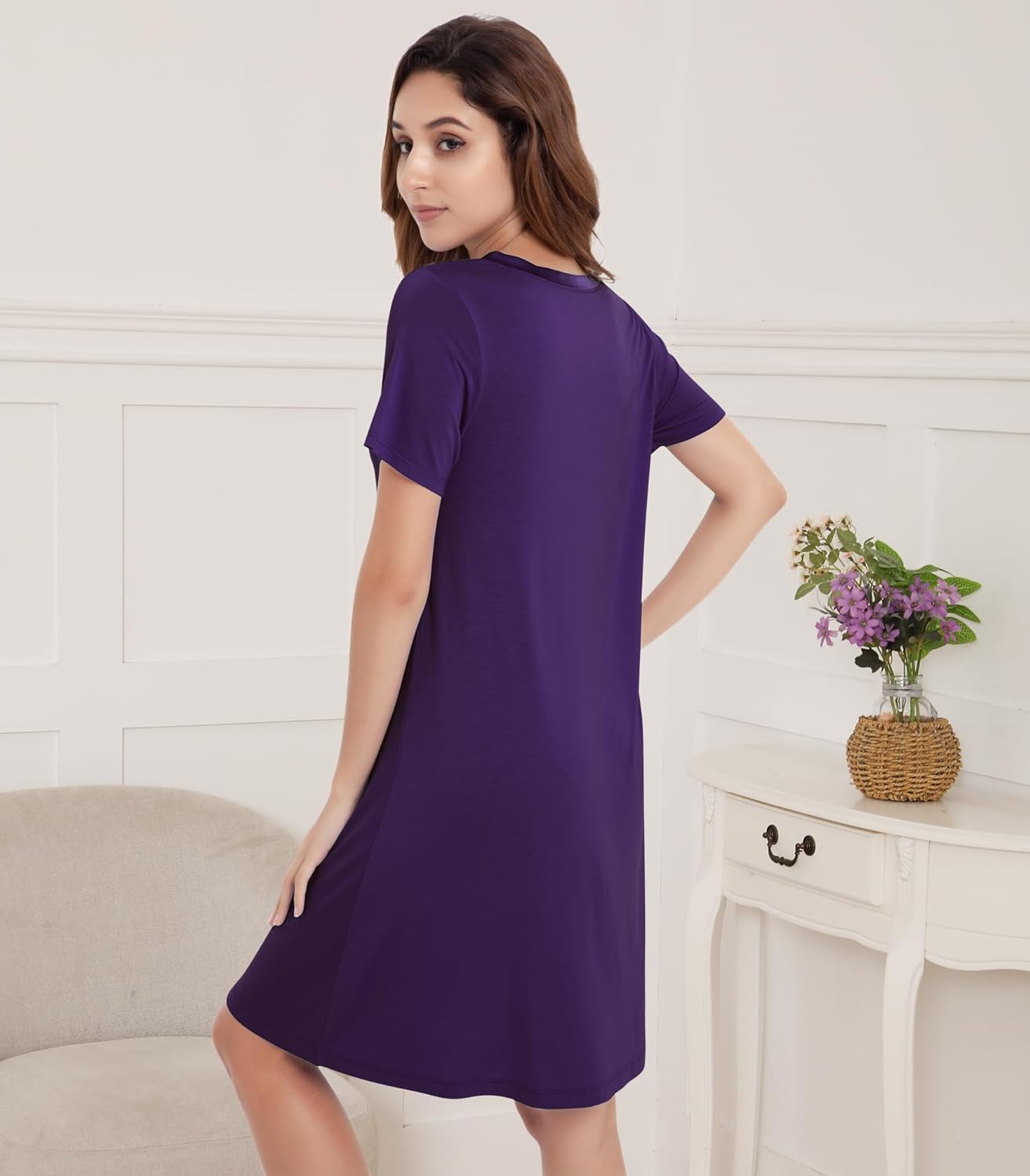 NACHILA Nightgowns for Women-Viscose Made from Bamboo, Soft Sleepshirts Short Sleeve Nightshirts Loose Sleepwear