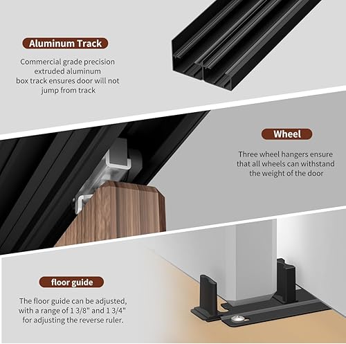 Miniatura 4 de Juego de rieles de puerta corrediza de armario de alta resistencia de 72 pulgadas, juego de rieles de aluminio para puerta de bolsillo, suave y