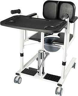 Hydraulic Patient Lift Nursing Chair, 4 in 1 Shower Chair Transport Wheelchair, 180° Open & Close, Adjustable Lifting Height Transfer Aid w/Potty Dining Table for Home Elderly (Black) - Buy now