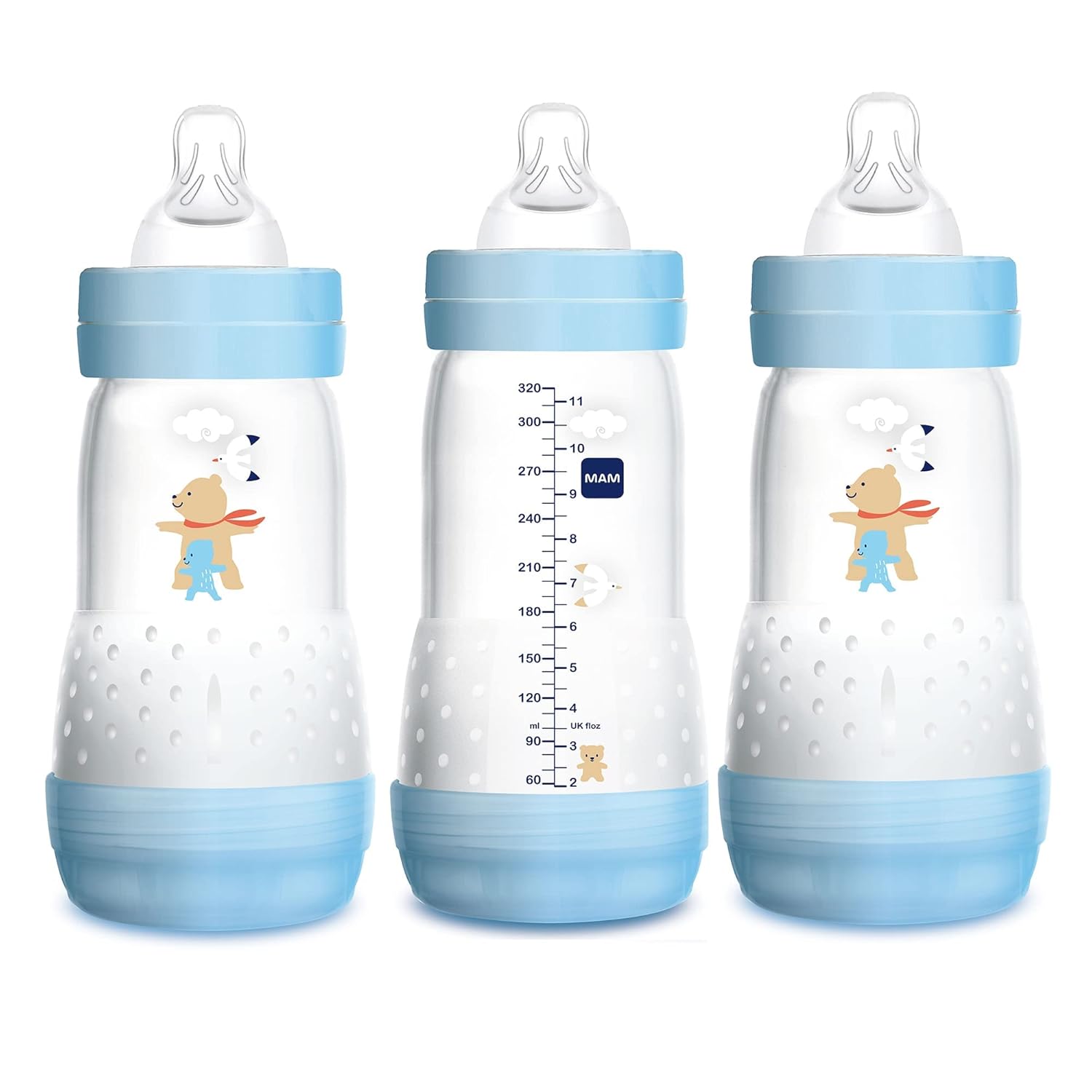 MAM Easy Start Anti-Colic Bottle 9 oz (3-Count), Baby Essentials, Medium Flow Bottles & Easy Active Bottle 11 oz (2-Count), Fast Flow Bottles, 4+ Month, Unisex, Gray