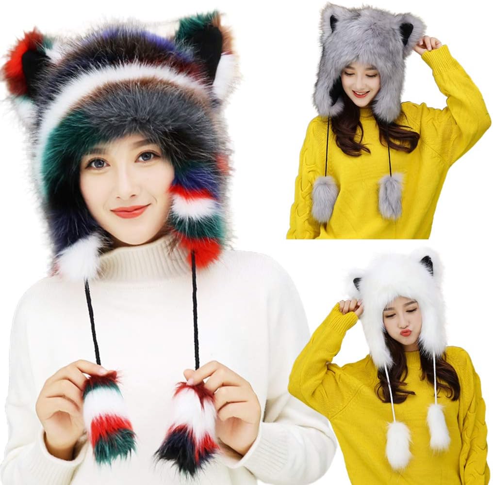 Hat,Women Winter Furry Trapper Hat Cute for Ears Fuzzy Plush Animal Earflap Windproof Thermal Earmuff Warmer Gray