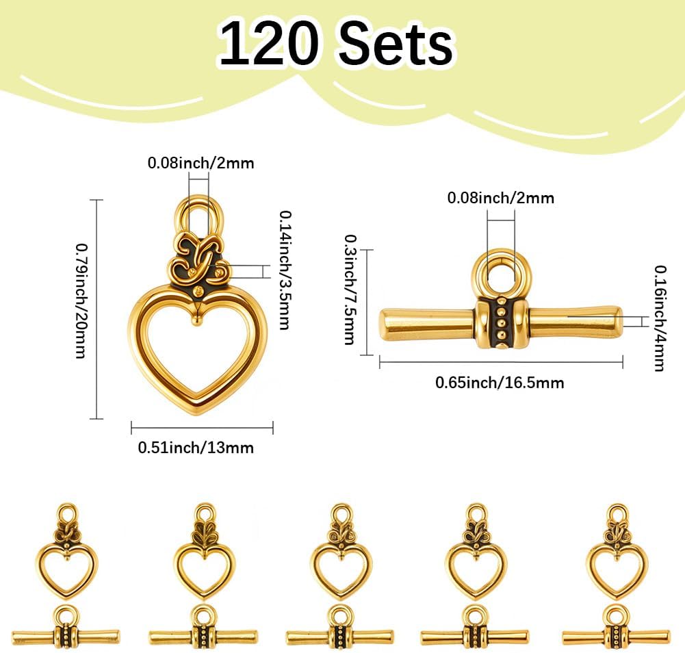 1 Box 120 Sets Antique Toggle Clasp Gold Heart Toggle Clasp Bulk Metal Alloy OT End Tibetan Ring Connector T Bar Closure Clasp for Jewelry Making Bracelet Necklace Chain Link DIY Crafts Adult - Image 2