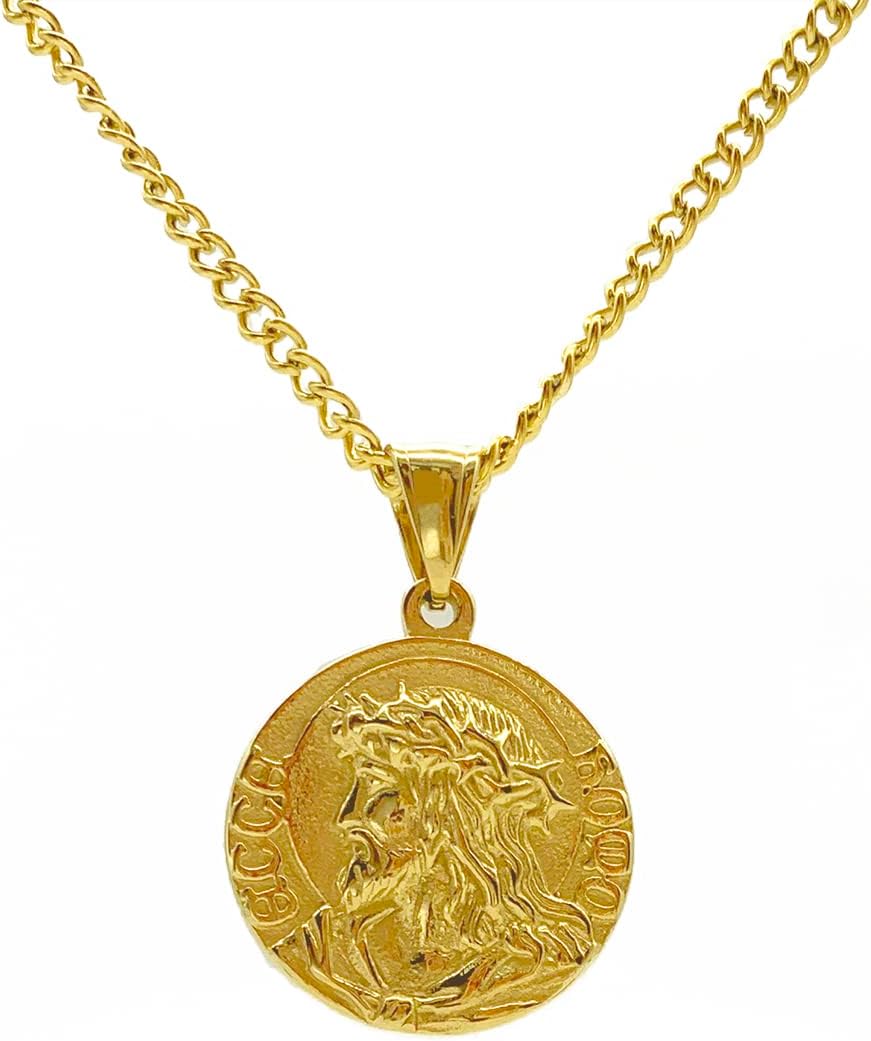18K Gold Plated Jesus Coin Necklace, Christian Prayer Pendant for Men Women, Religious Necklace