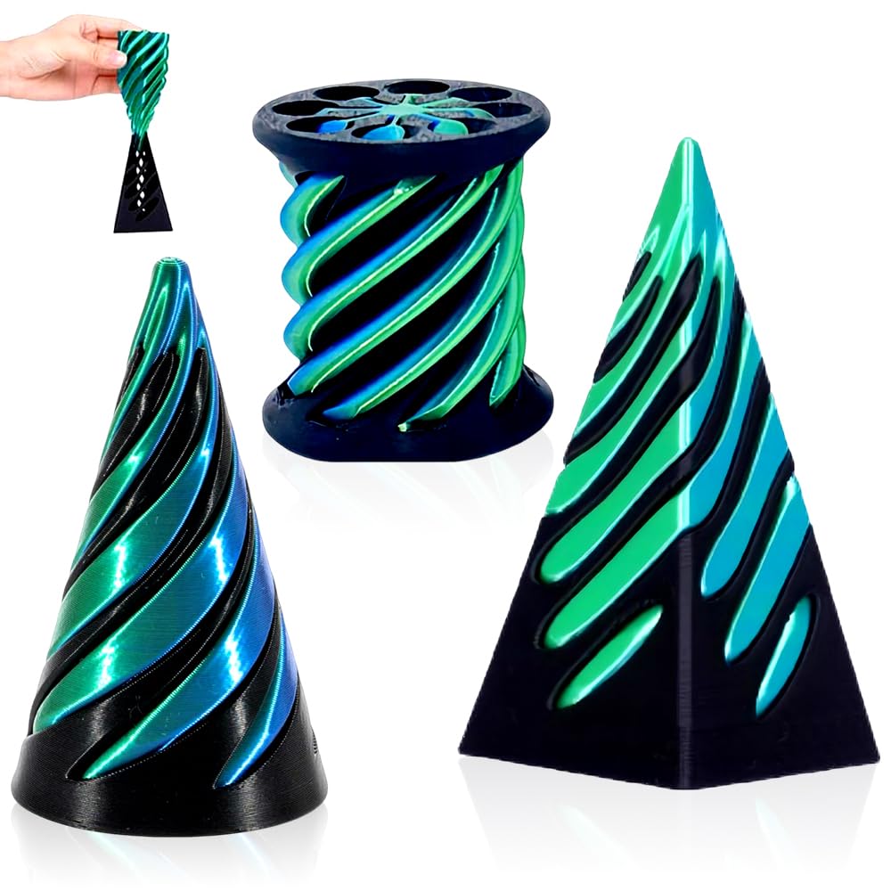 Hatfryf Men's Black/Green Impossible Cone (3Pcs), 3D Printed Spiral Cone Fidget, Impossible Pyramid Passthrough Sculpture, Anxiety Stress Relief Toy For Home Office Desk Gift (Laser Green)