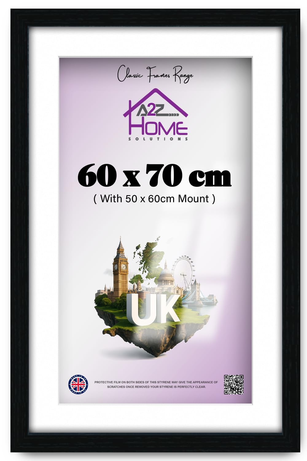 A2Z Home Solutions | Classic Elegant Handmade Black Engineered Wood Poster And Picture Frame (60 X 70 Cm) With 60 X 50 Cm White Mount Rectangle Safety Styrene — 28 X 24 Inch Display