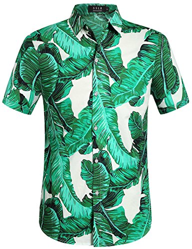 SSLR Men's Banana Leaves Button Down Casual Short Sleeve Hawaiian Shirt (XX-Large, Green (168-155))