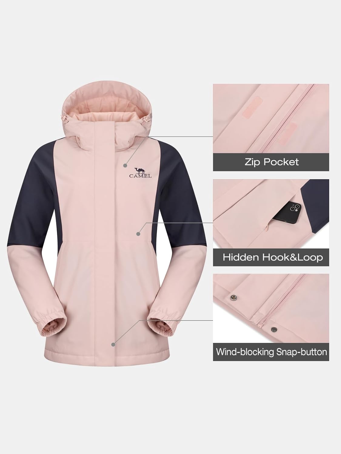 CAMEL Women's Ski Jacket Waterproof Winter Coat Warm Hooded Snowboard Jacket Windproof Mountain Rain Windbreaker - Image 5
