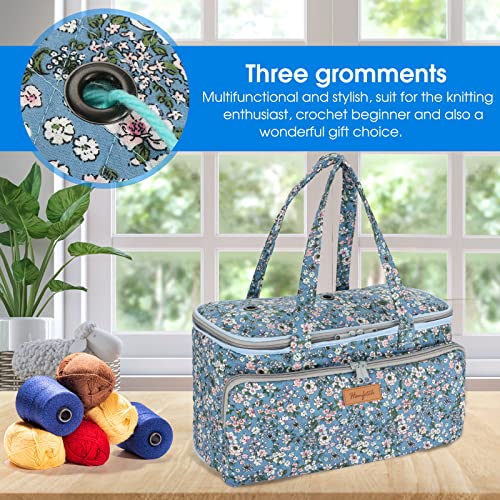 Image of Yarn Bag-Large Size-Yarn Storage Organizer with Grommets-Portable Crochet Bag for Yarn Skeins-Crochet Hooks-Knitting Needles -Other Accessories (Flower-Blue)