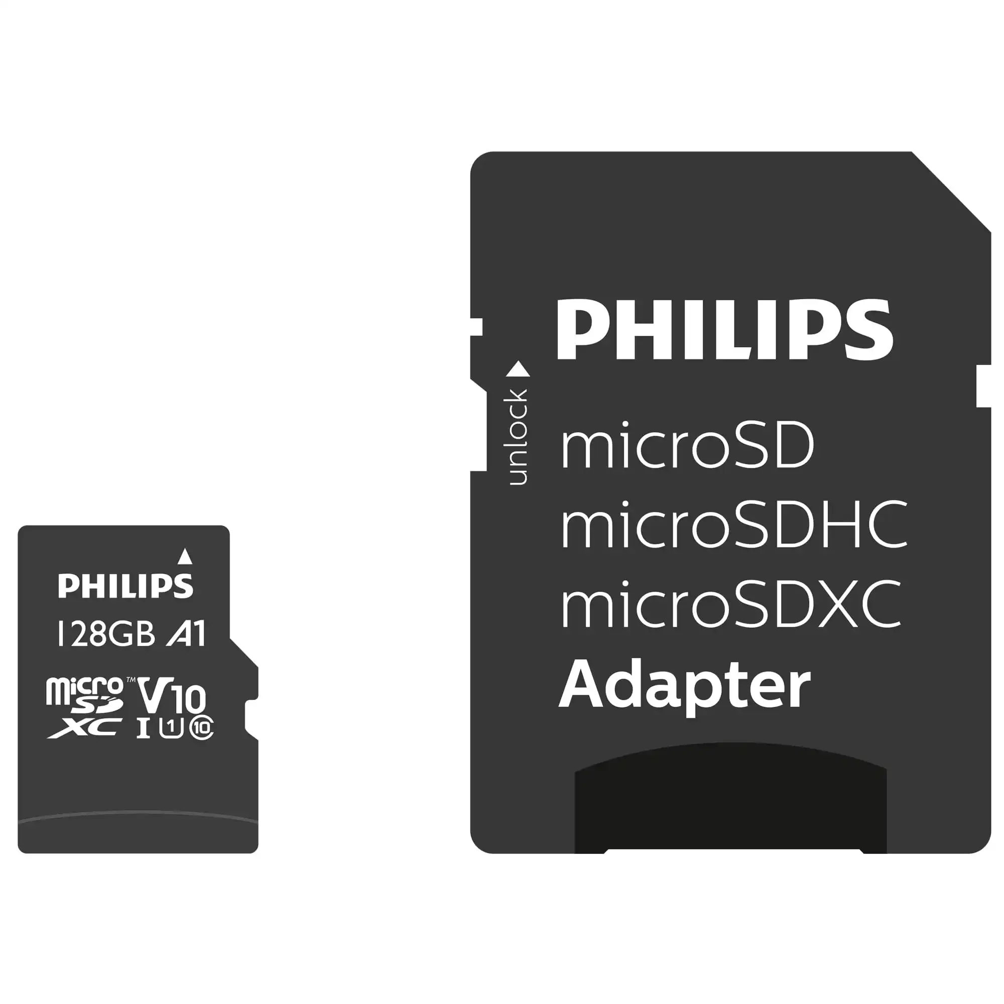 Philips Ultra Speed microSDXC Card 128 GB + SD Adapter UHS-I U1, Lesegeschwindigkeit bis zu 80 MB/s, A1 Fast App Performance, V10, Speicherkarte für Smartphones, Tablet, PC, Card Reader, Full HD Video