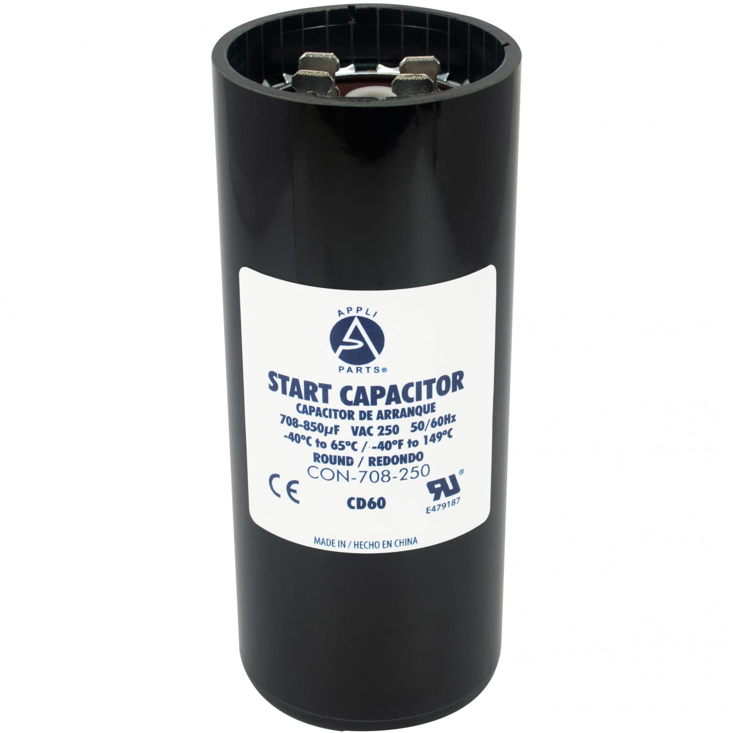 Appli Parts Motor Start Capacitor 708-850 Mfd (microfarads) uF 250 VAC Universal fit for Electric Motor Applications 1-3/4 in Diameter 4-3/8 in Height CON-708-250