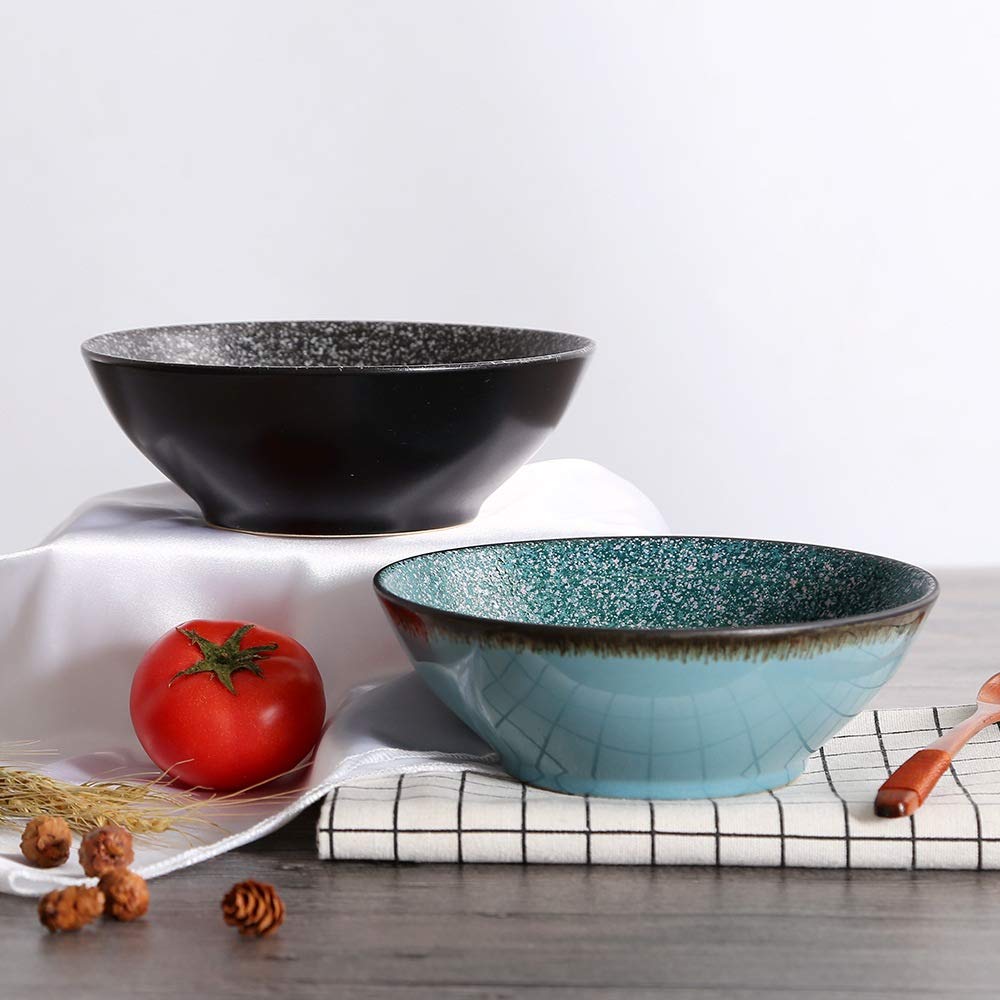 Ensaladeras Ensalada 2pcs Cerámica cuenco de cerámica sopa fideos Tazón horno cristal frutas Postre color sólido para Restaurantes y Hogares(Schwarz)