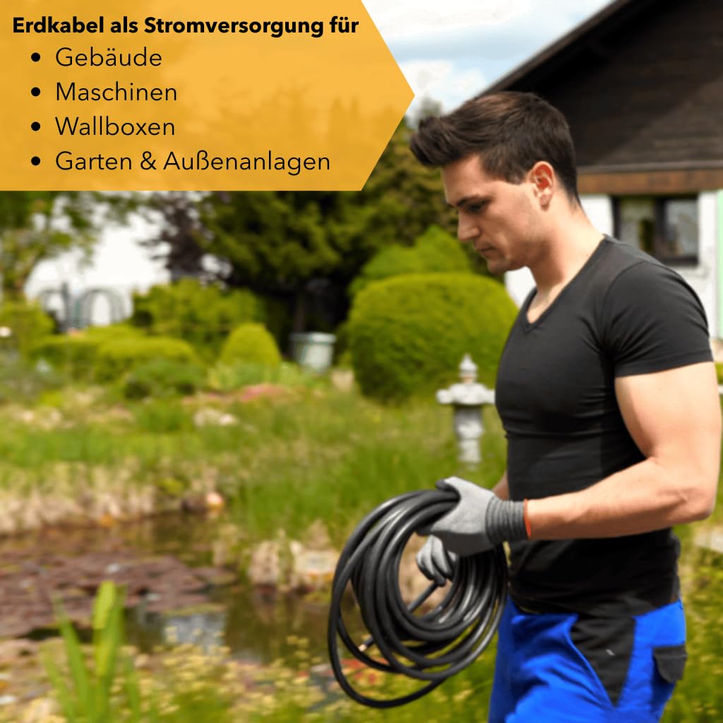 NYY-J 5x10mm² Erdkabel | 1–25m Meterware | 5-adriges Starkstromkabel aus Kupfer | Außenkabel für Drehstrom, Wallbox & Elektroinstallation | Made in Germany | Länge (20m)