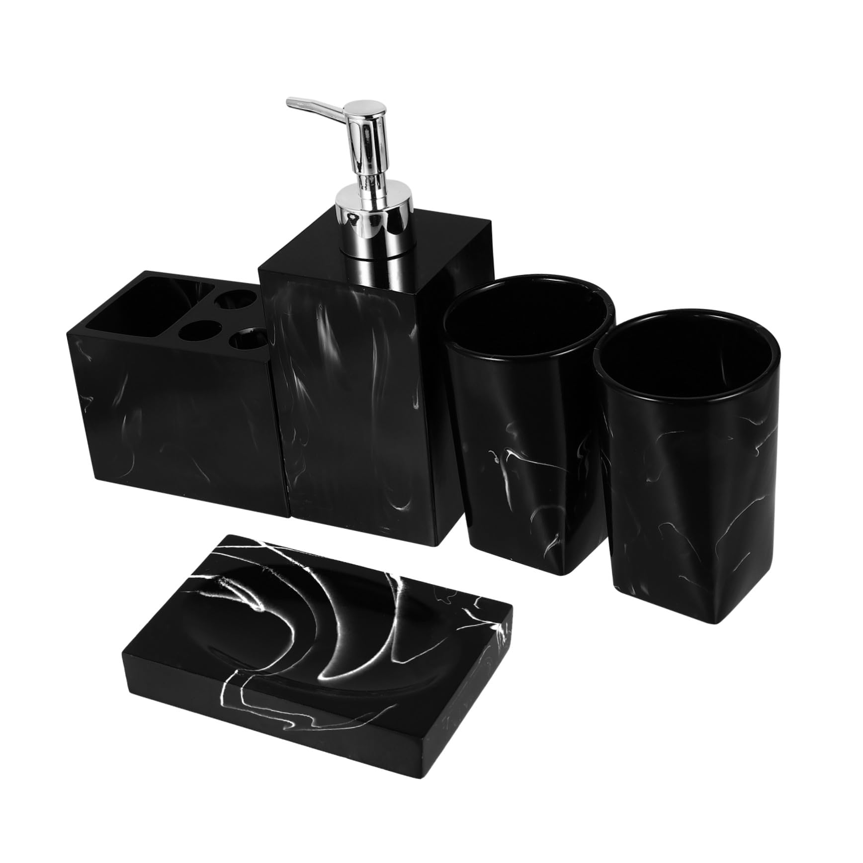 Cabilock Conjunto de Accesorios de Baño de Resina Negra Jaspeada de 5 Piezas Soporte para Cepillos de Dientes y Jabonera Práctico y Cómodo para Baño Moderno
