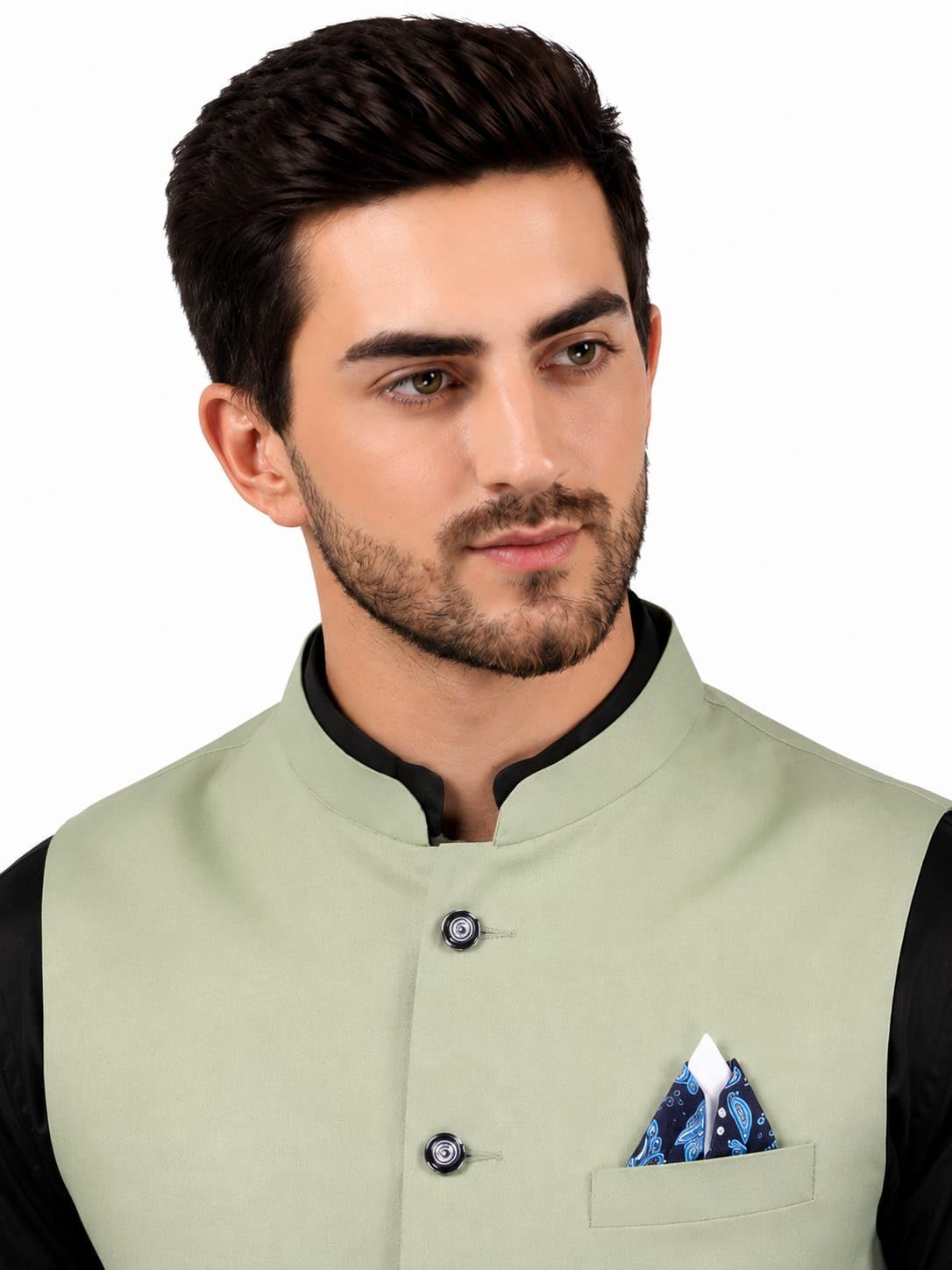 Men's Mint Green Nehru Jacket with Mandarin Collar-image-0