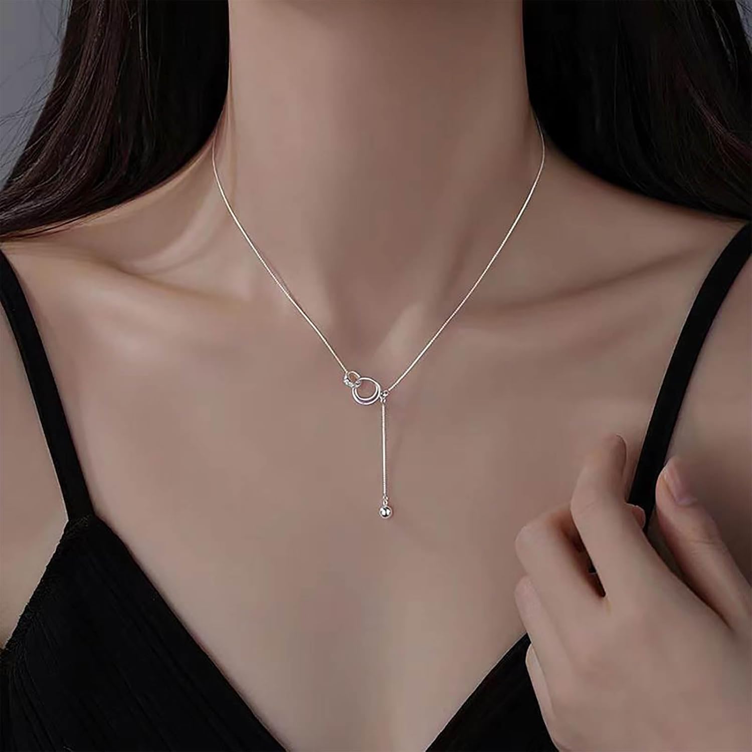 Boho Interlocking Circle Pendant Necklace Gold Circle Choker Necklaces Interlocking Ring Necklaces Silver Bead Y Lariat Necklace Double Ring Choker Long Ball Drop Jewelry for Women - Image 5