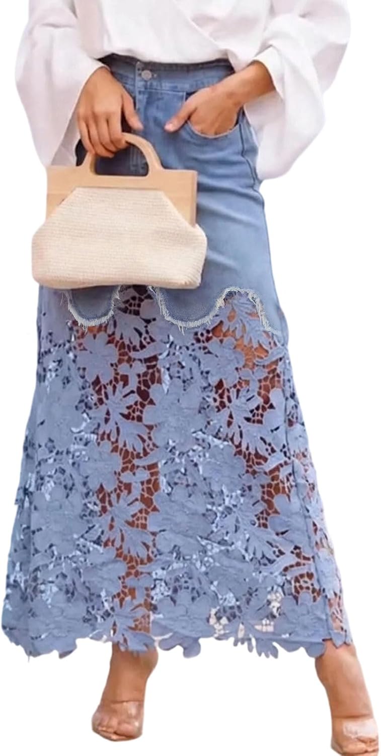 CHARTOU Women Lace Eyelet Patchwork Jean Skirt Boho Floral Mesh Sheer Long Denim Skirt with Pockets