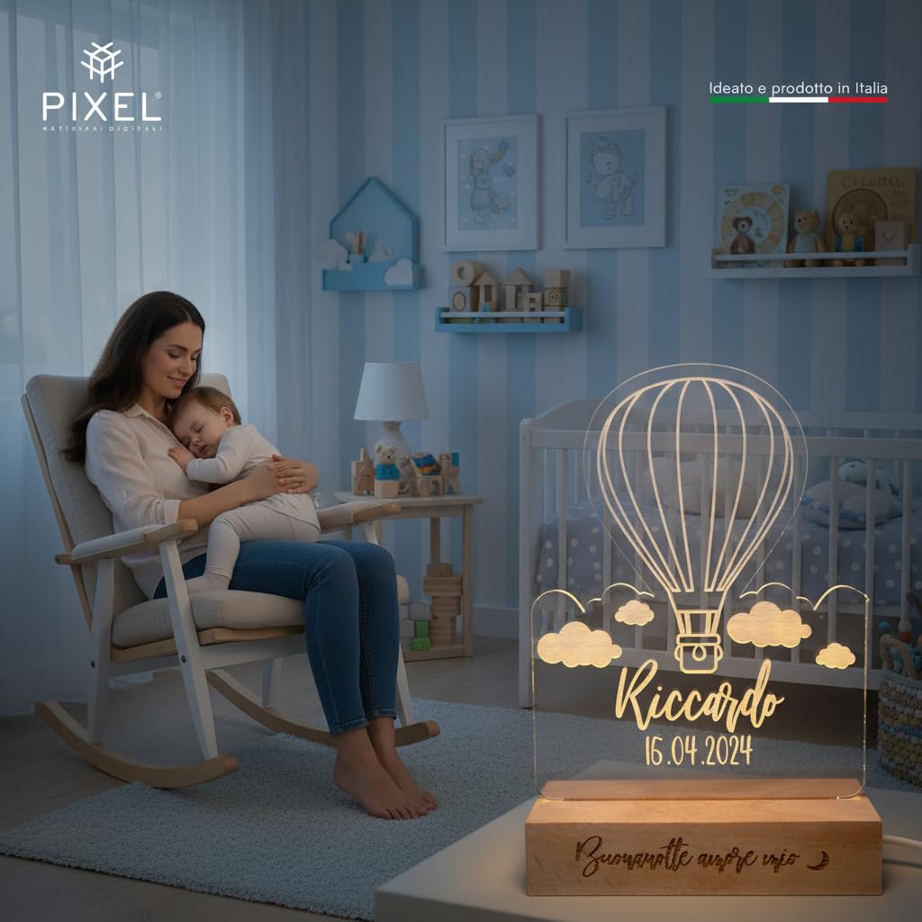 PIXEL® Lampada personalizzata con nome incisa 3d Luce notturna bambino bambina bambini neonato Idea regalo nascita bimbo bimba battesimo Regalo Natale neonati Personalizzato cameretta (Mongolfiera)