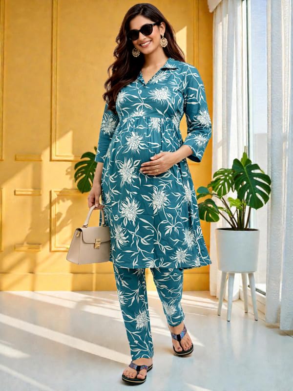 Image of RITIJYA Pure Cotton Feeding Kurta Pant Set for Women | Floral Anarkali Pregnancy Dress with Concealed Nursing Zipper Side Pocket | Pre & Post Partum | Maternity Dresses | Baby Shower Outfit