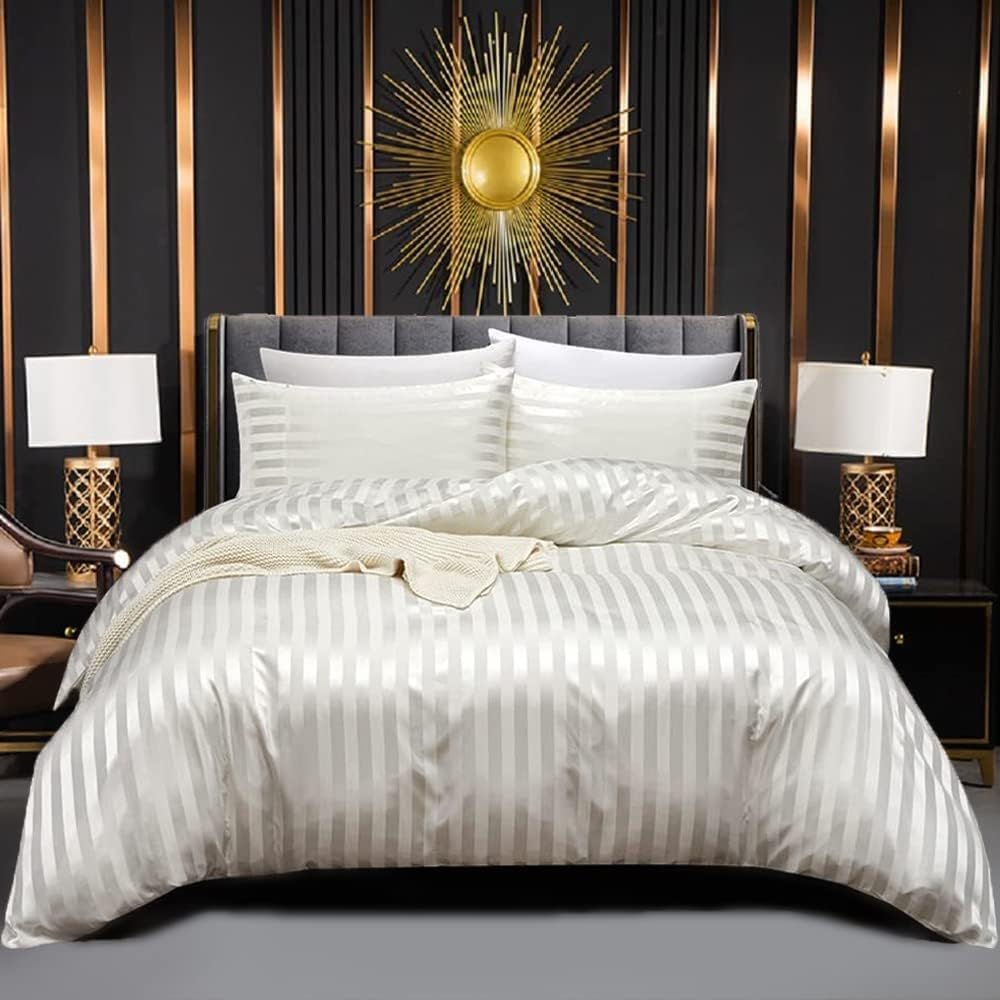 Juego de Funda Nordica Saten Blanca Cama 135/150 240x220 Sábanas de Seda Satinada de Brillo Lustroso Juego de Funda de Edredón y Fundas Almohada (50x75cm)