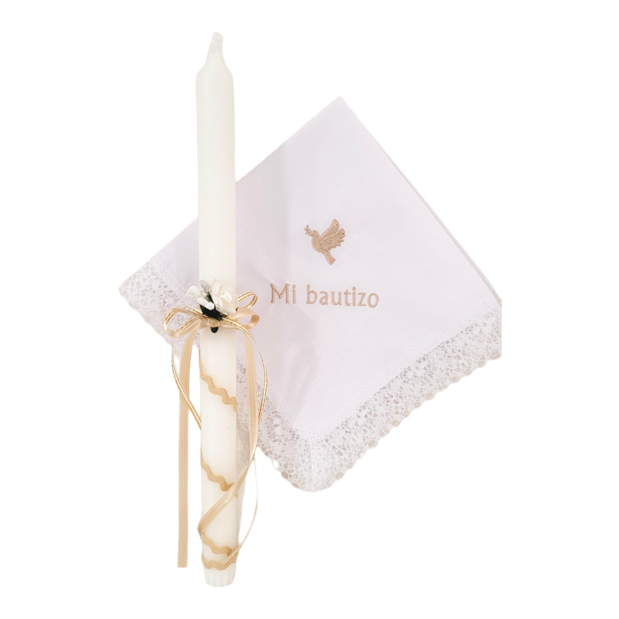 Deco-shop Set bautizo beige personalizado con vela y pañuelo bordado 35 cm. (Setbeigepaloma)