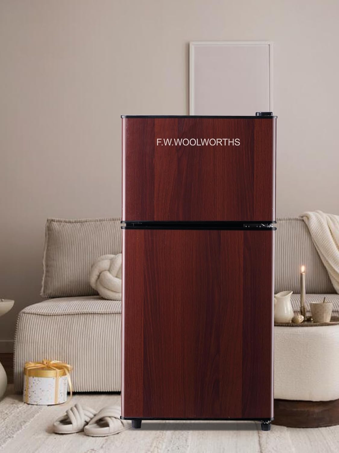 F.W.WOOLWORTHS 3.5 Cu.Ft Fridge with Freezer, Refrigerator with 2 Doors for Office, Kitchen, Dorm and Bedroom, Fridge with 7 Level Temp Adjustable Thermostat, Wood
