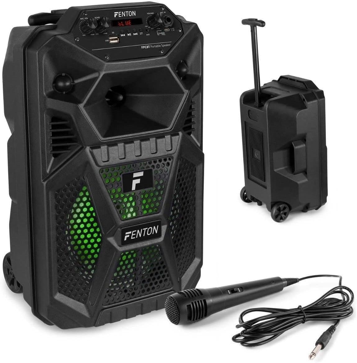 Fenton FPC8T – Altavoz Karaoke portátil 100W con batería Bluetooth 5.0 USB SD AUX micrófono Incluido Efectos Eco y Voz Luces LED Ruedas y asa telescópica Karaoke para Adultos y niños Fiestas