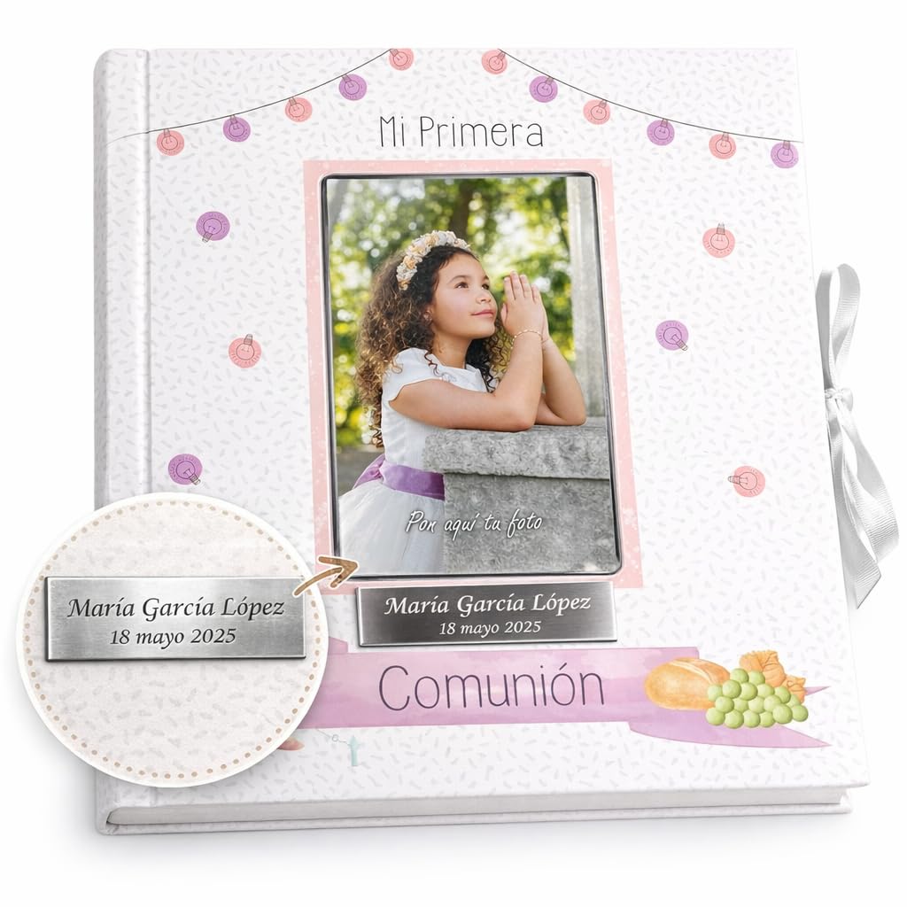 Libro de comunión para firmas y fotos, personalizado con placa grabada con nombre y fecha - Libro para dedicatarias - Album para comunión. (Rosa 24) — view 7
