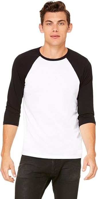 تي شيرت بيسبول بأكمام 3/4 من قماش للجنسين، Wht/Blk، X-Large