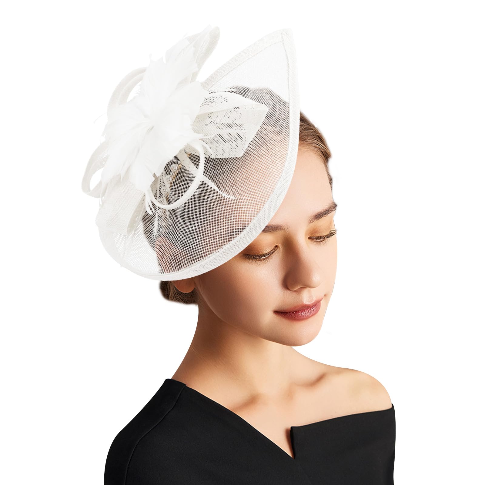 Dreshow Girls Feather Flower-White Fascinator Hats Tea Party Hat Vintage Pillbox Hat Headband Cocktail Headwear For And Women