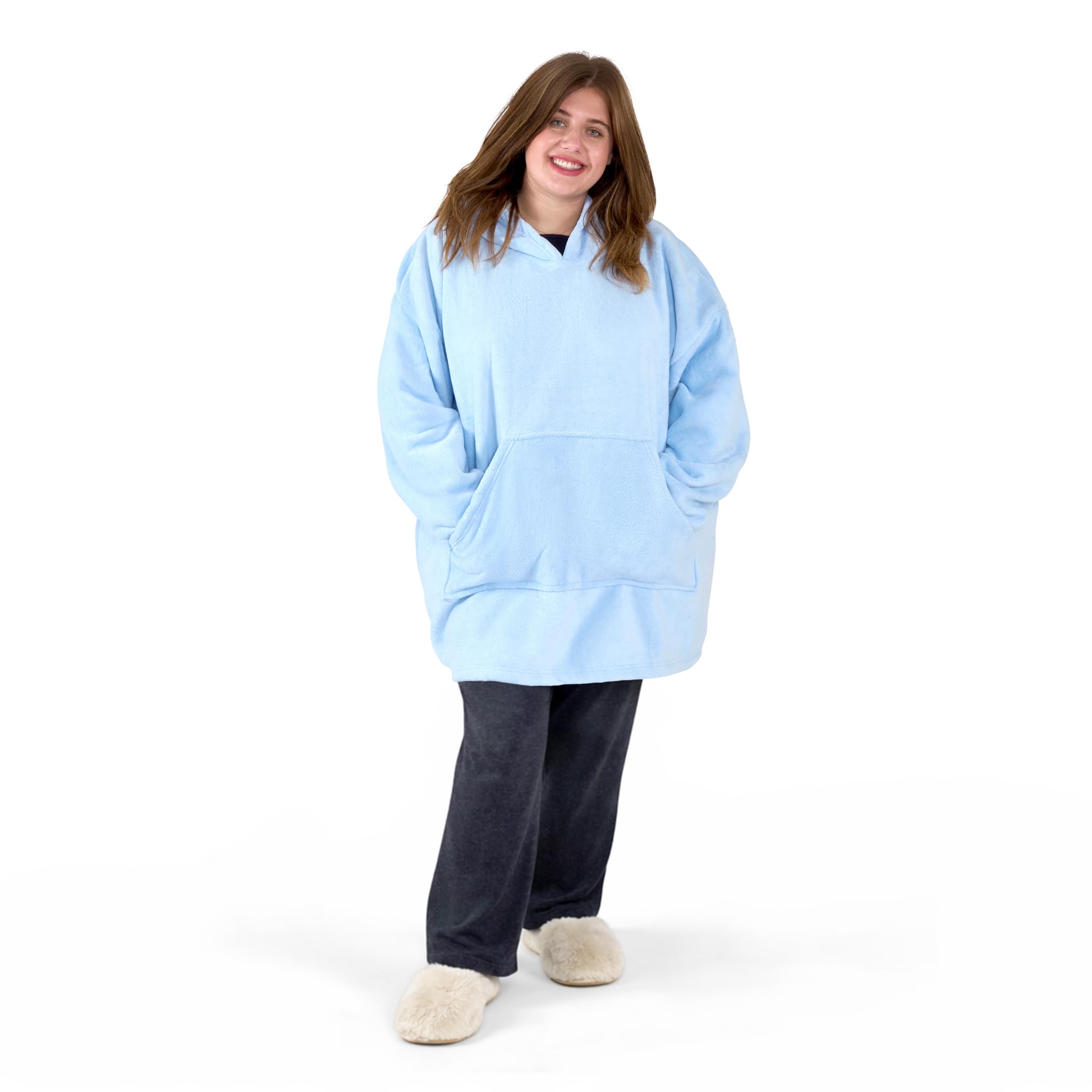 Bravich Oversized Fleece Hoodie Blanket - Baby Blue. Fluffy Hooded Blanket With Super Soft Sherpa Lining For Adults, Men & Women. Hooded Wearable Blanket Throw, Super Warm, One Size Fits All.