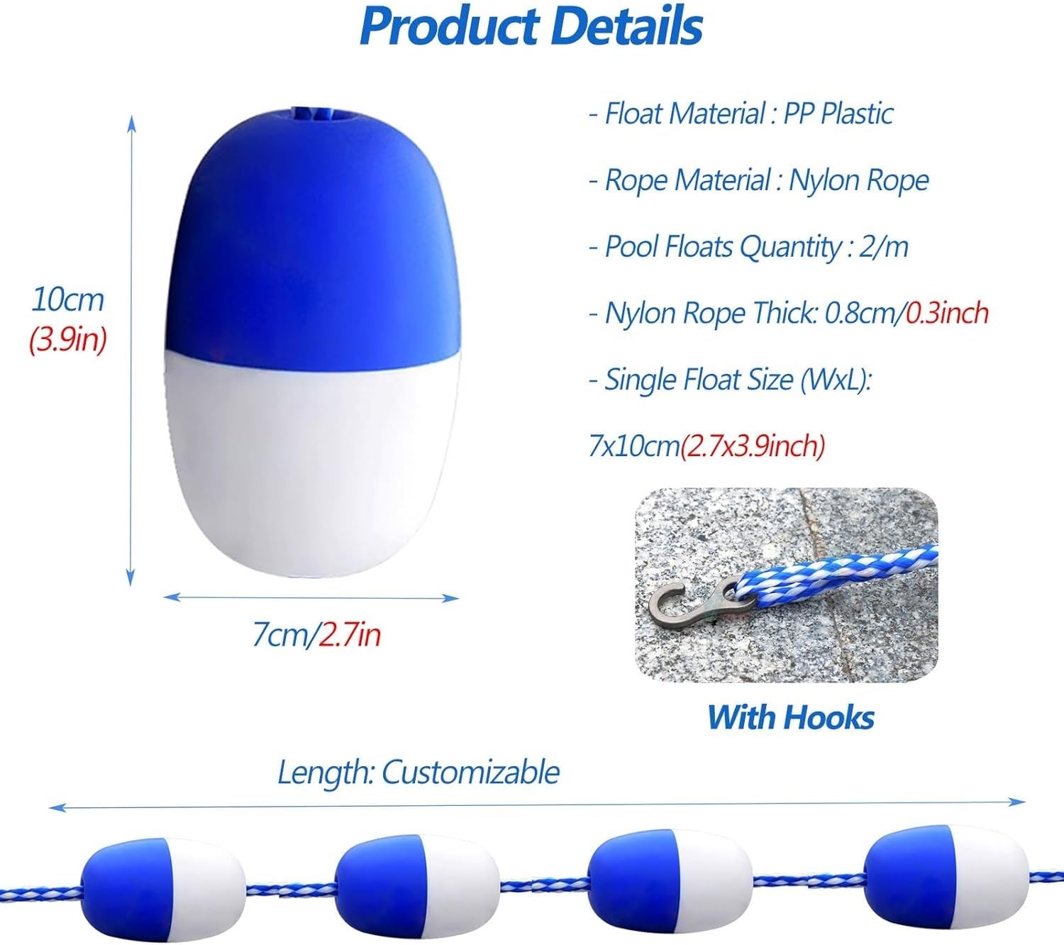 Barrière de sécurité flottante portable pour piscine avec crochets, corde de séparation de 1,8 m pour piscines, plages et cours d'eau côtiers, accessoire de piscine durable pour une sécurité