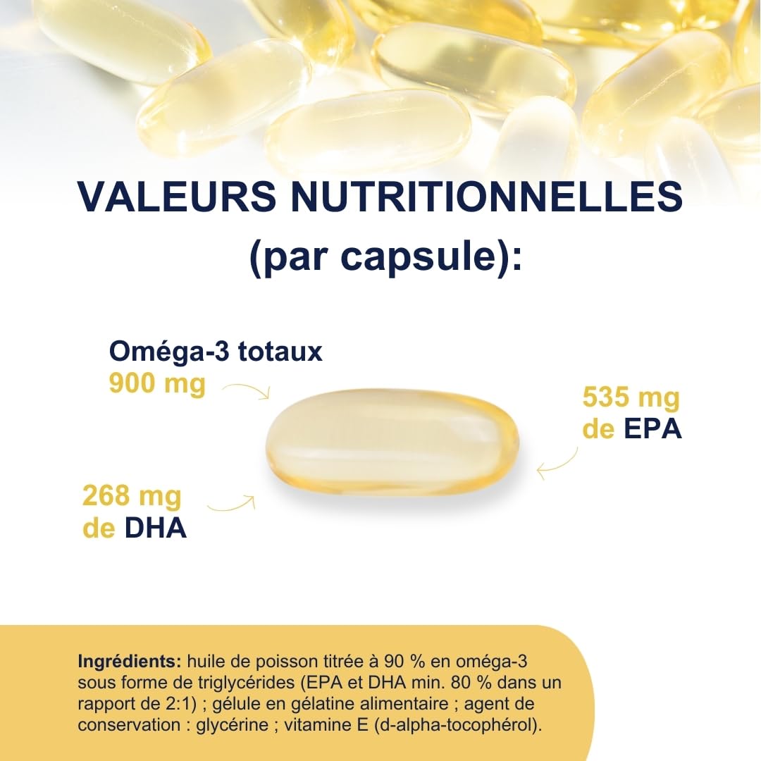 Omegor Vitality 1000 - Supplément avec 1000 mg d'oméga 3 - vitamine E - Pour votre cœur et votre cerveau - Concentration d'oméga 3 à 90% - 5-Star Certificat IFOS - Huile de poisson pure - 150 gélules