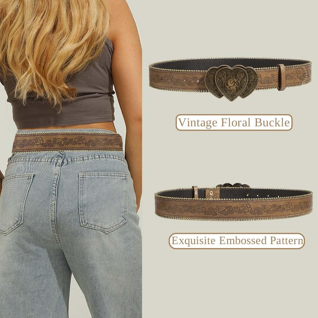 Women Western Belt with Heart Embossed Buckle Vintage Brown Belt for Jeans Pant Dress Cowgirl Cowboy Belts - Image 5