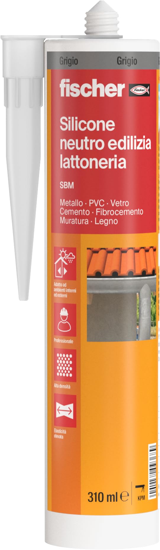 Fischer, Silicone Sigillante SBM 310 Grigio, Neutro A Basso Modulo, Elastico, Senza Solventi, Per Edilizia, Lattoneria, Facciate, Vetrate, Inodore, Uso Esterno/​Interno, 9368